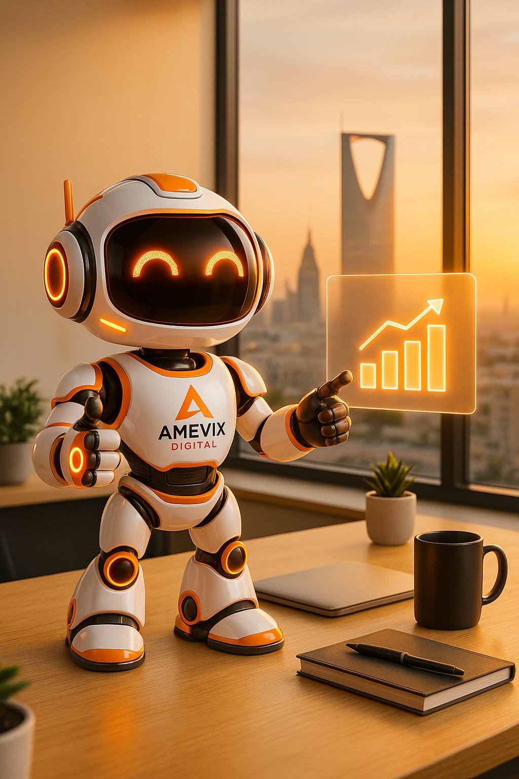 AMEVIX AI assistant pointing at a growth dashboard, Riyadh skyline in the background